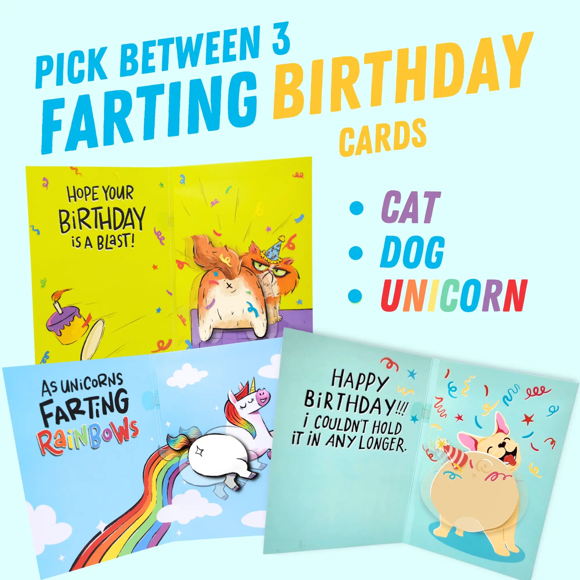 Farting Birthday Card - Farting Dog, Cat & Unicorn - Funny 3D Gag Gift for Men, Women & Kids - Shakes & Farts with Sound, Up to 2,000 Plays - Novelty Greeting Card with Envelope - Birthday Card