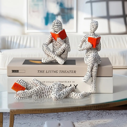 Set of 3 Resin Reading Figurines, Abstract Book Lover Statues for Shelf, Living Room, Office & Home Decor