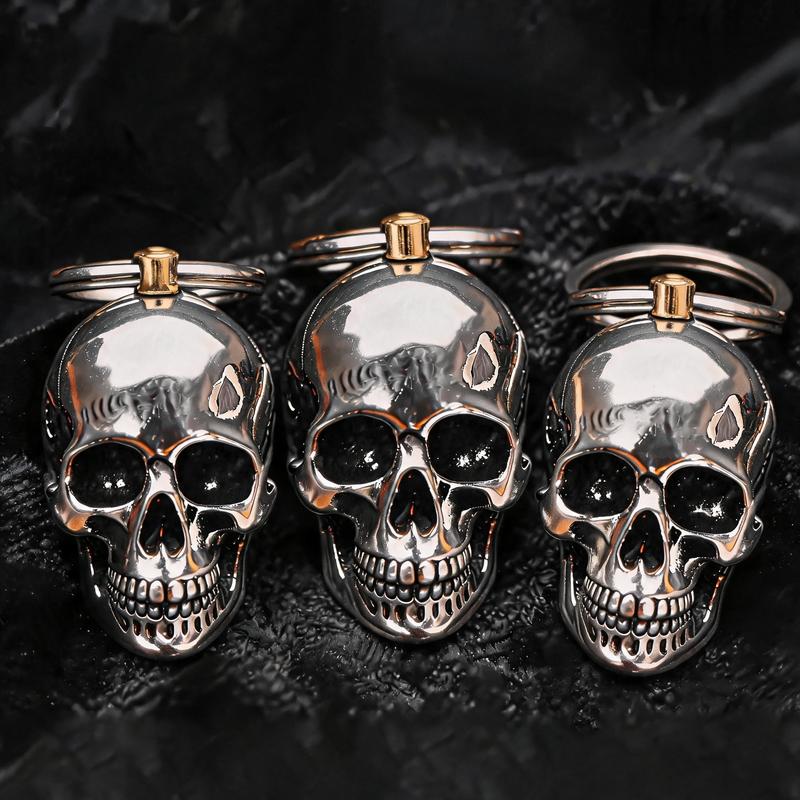 3D Skull Motif Heavy-Duty Metal Biker Keychain – Gothic Punk EDC Car Key Ring