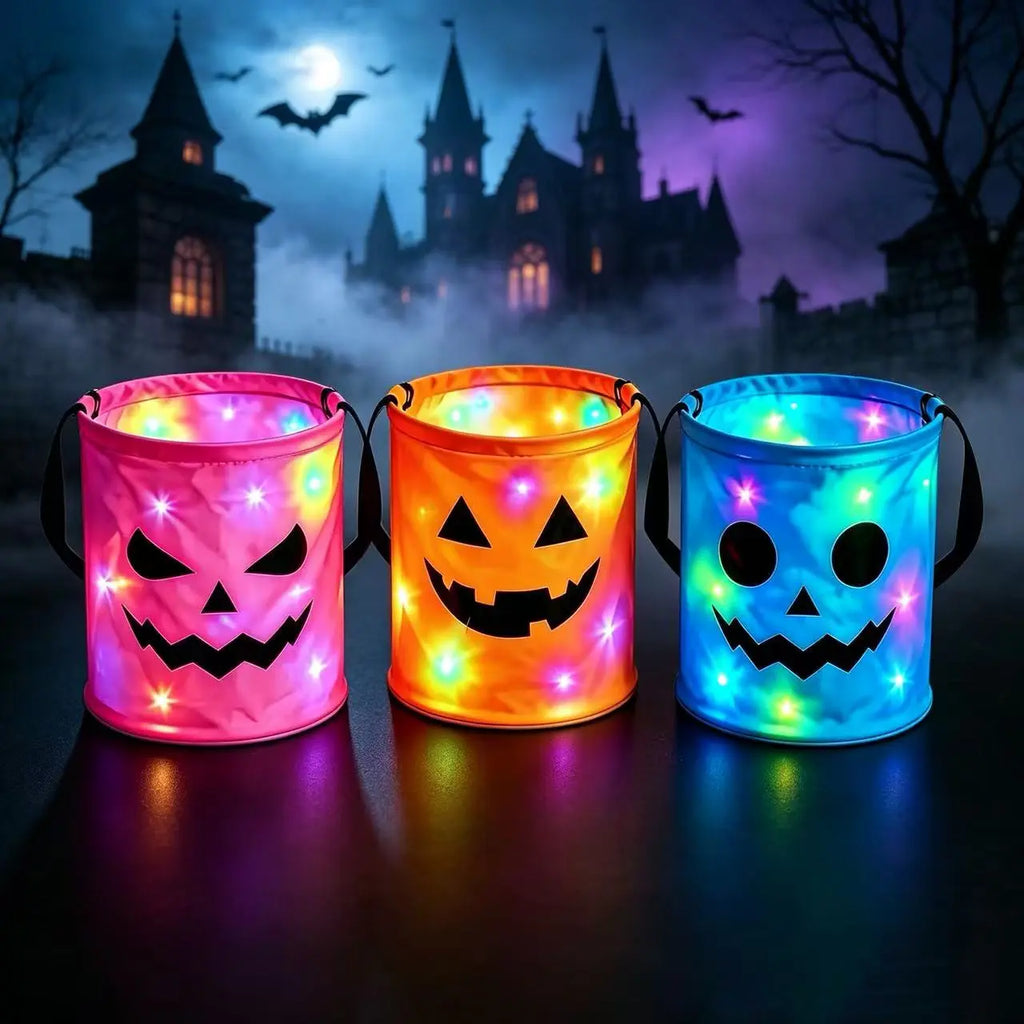 LED Halloween Pumpkin Light Candy Bucket & Goodie Bag Set (4 Pcs) – Reusable Trick-or-Treat Gift