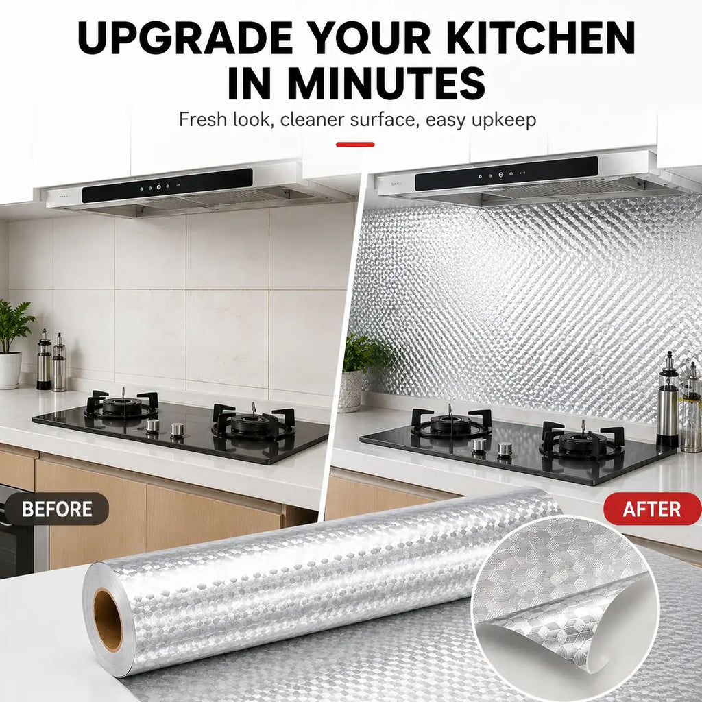 Oil-Proof Aluminum Foil Kitchen Backsplash Wallpaper – Self-Adhesive Heat-Resistant Silver Contact Paper