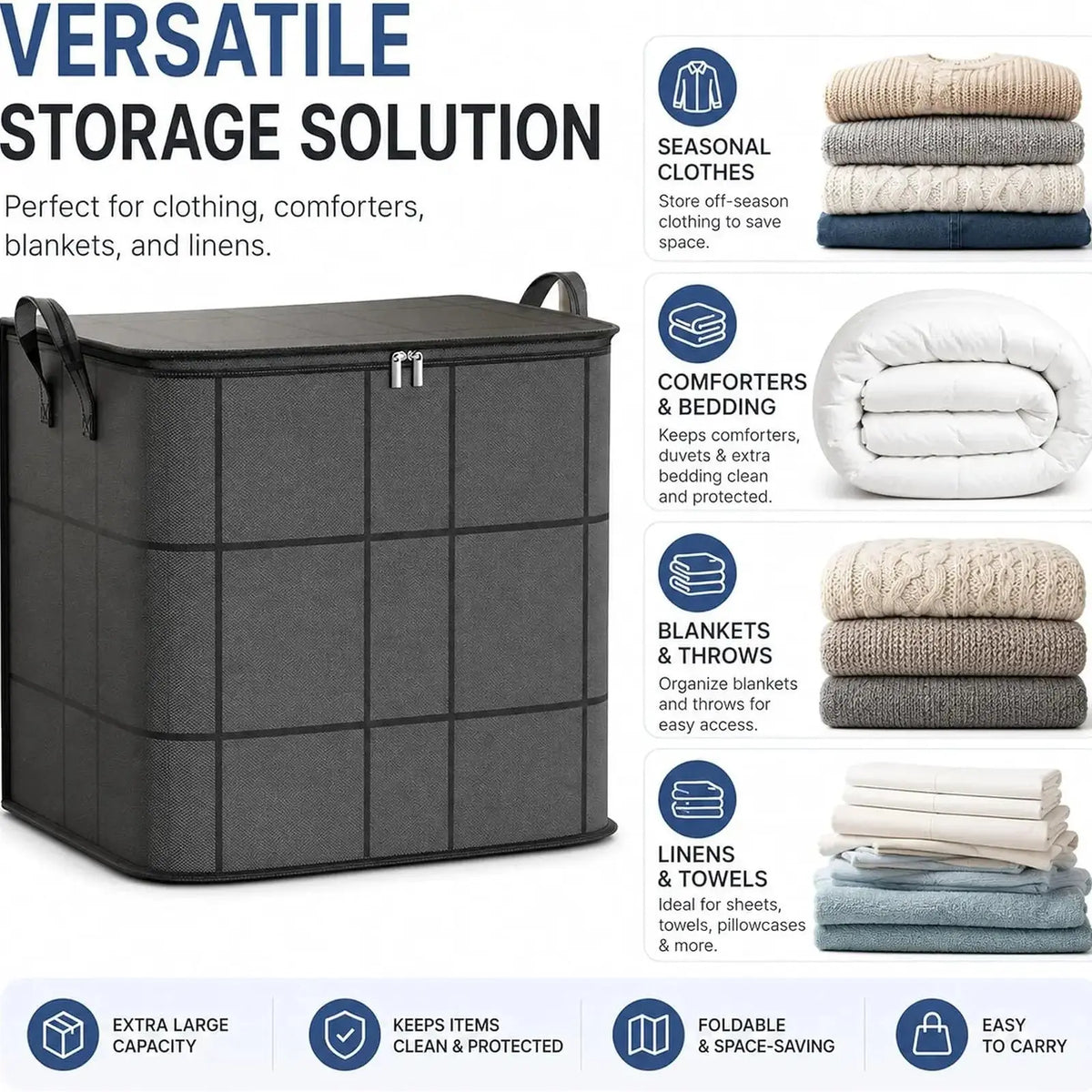 Large-Volume Fabric Storage Bin with Zipper & Handles – Organizer Bag for Bedding & Clothes