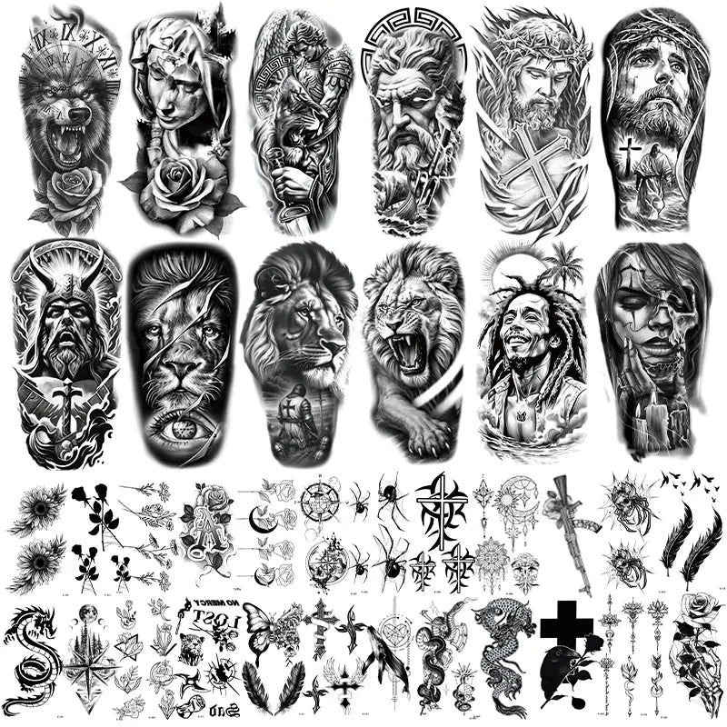 36 large half-sleeve temporary tattoo stickers, unisex, suitable for the forearm, featuring tribal, wolf, tiger, lion, owl, and skull designs; Halloween temporary tattoos; adult-sized; realistic black designs including flowers, roses, and animals
