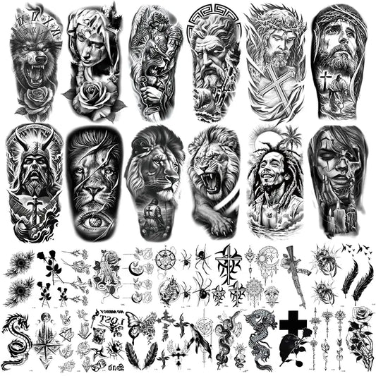 36 large half-sleeve temporary tattoo stickers, unisex, suitable for the forearm, featuring tribal, wolf, tiger, lion, owl, and skull designs; Halloween temporary tattoos; adult-sized; realistic black designs including flowers, roses, and animals