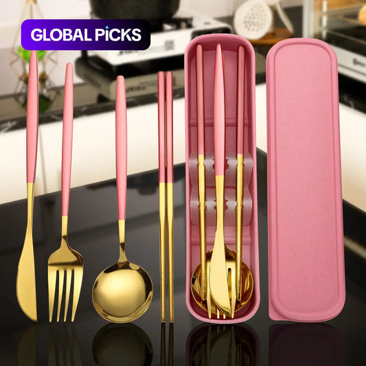 4-Piece Gold Titanium Stainless Steel Cutlery Set with Case – Portable Reusable Utensils for Travel & Office