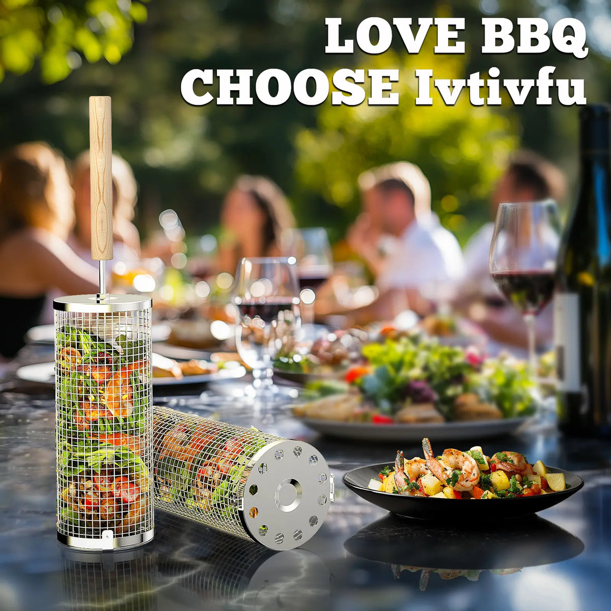 2PCS 304 Stainless Steel Rolling Grill Baskets with Wooden Handles – Nesting Portable BBQ Utensils for Vegetables & Shrimp