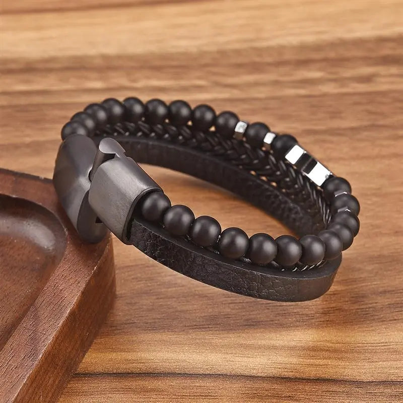 Men's Cross Leather Braided Bracelet Natural Stone Bracelet Cross Bangle Multilayer Braided Wristband Boho Style Magnetic Closure for Daily Use Christmas Gift for him
