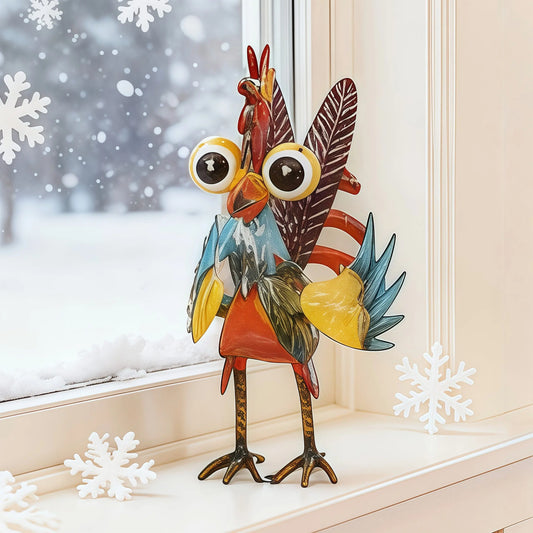 Colorful Metal Rooster Statue | Rustic Farmhouse Outdoor Garden Decor