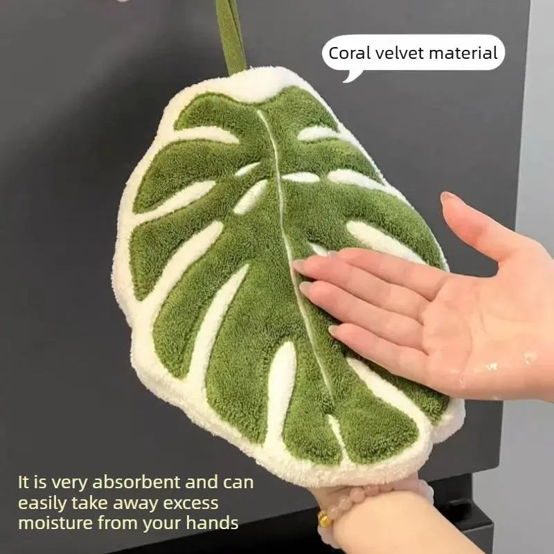 Monstera Deliciosa Hanging Hand Towels: Absorbent & Lint-Free Coral Fleece for Kitchen