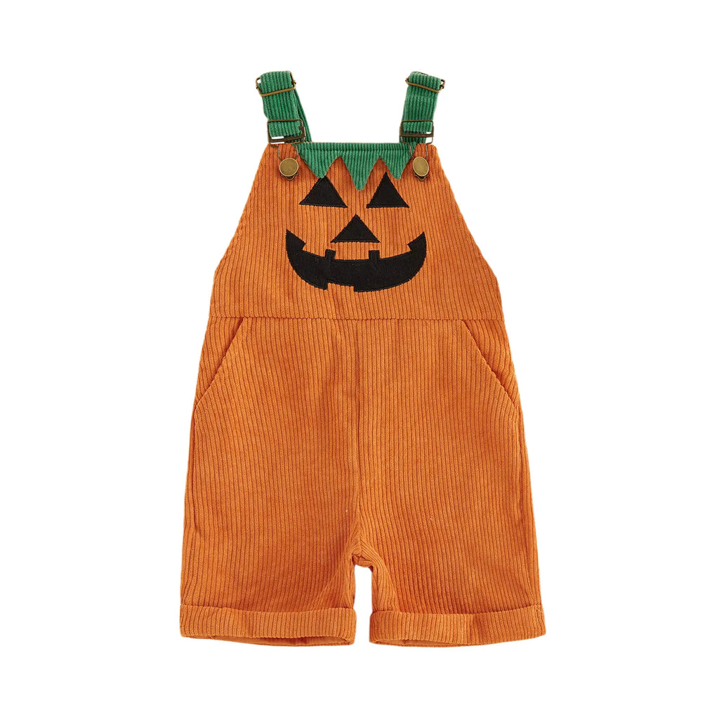 Toddler Baby Boy Halloween Devil Face Ribbed Overalls – Sleeveless Pocket Jumpsuit