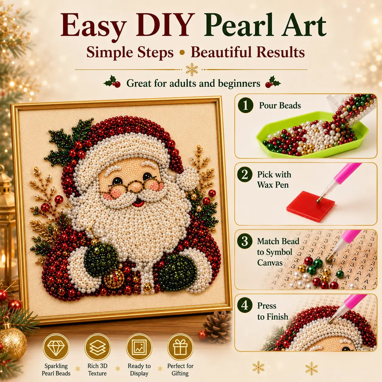 Pintura de diamante con perlas y cuentas 3D para Navidad – Guirnalda navideña de pared DIY para medias