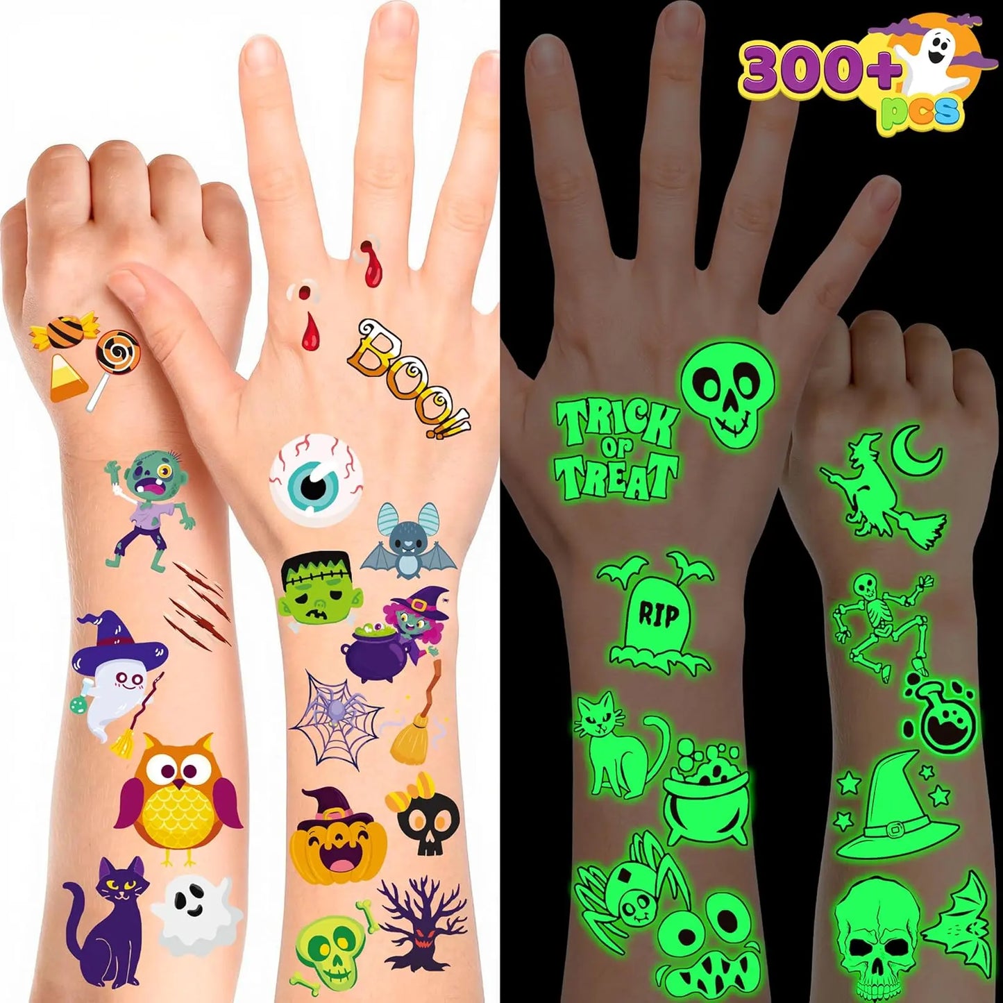 JOYIN 306 Pcs Halloween Tattoos for Kids, Glowing Temporary Tattoos in Assorted Designs Bulk for Child Trick or Treat Gifts Halloween Party Favor Decorations Goodie Bags Supplies Class Game Prizes