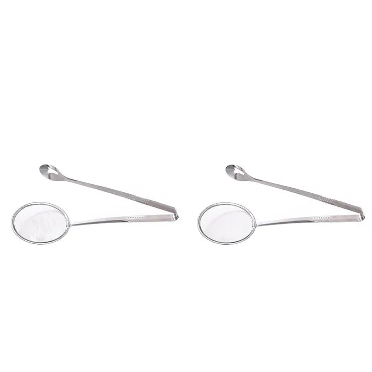 2-in-1 Stainless Steel Strainer Tongs – Fine Mesh Skimmer Spoon Clip for Frying & Hot Pot
