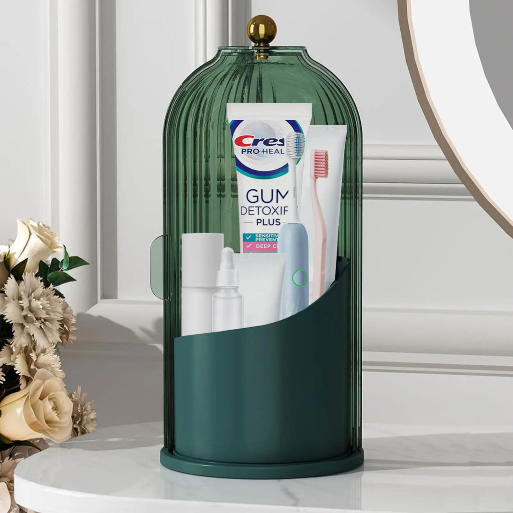 Soporte Giratorio 360° Transparente para Cepillos de Dientes con Puerta Transparente – Organizador de Tocador de Baño para Encimera (1 Unidad)
