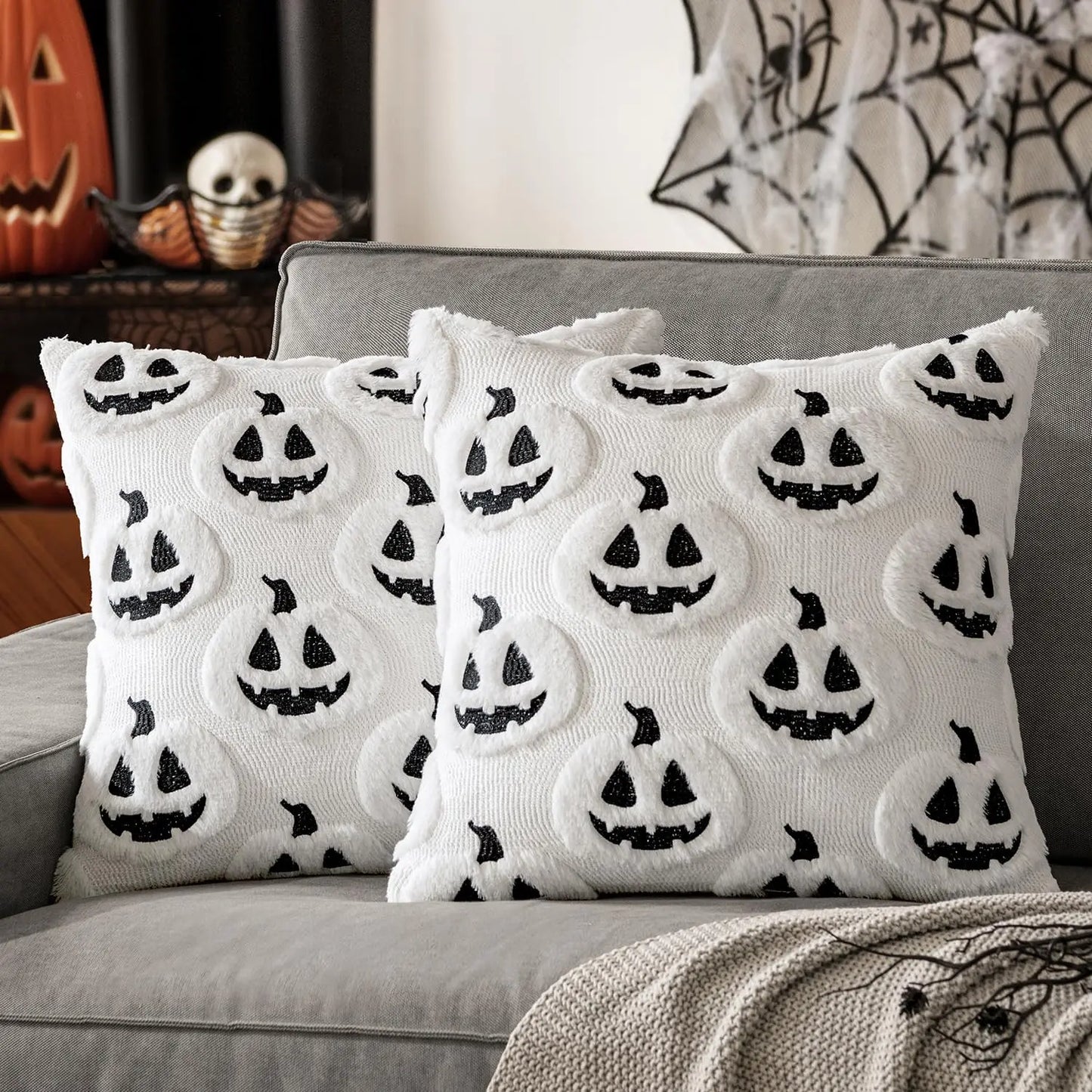 Embroidered Pumpkin Halloween Pillow Cover – Soft Faux Wool Farmhouse Decor