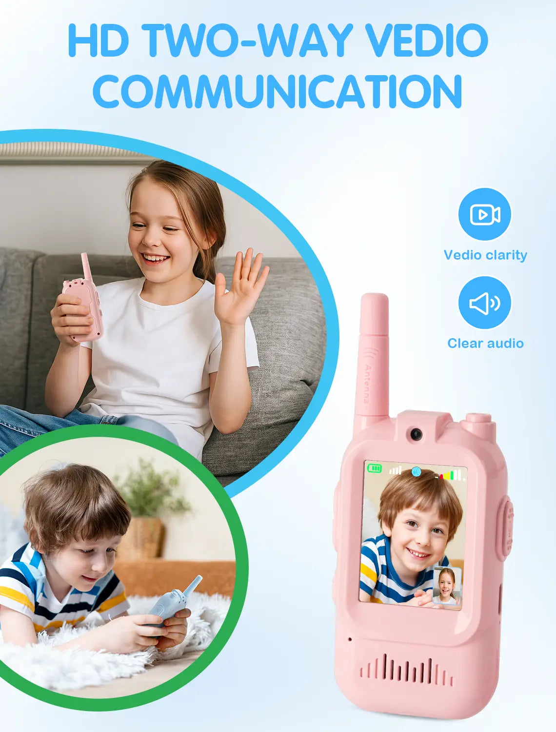 Children's Video Walkie-Talkies with Camera, Two-Way Real-Time HD Screen Walkie-Talkie Toys, Long-Range Smart Walkie-Talkie Set, Ideal for Outdoor Adventures, Camping, and Hiking, Great for Birthday Gifts, (Pink/Blue/Purple)