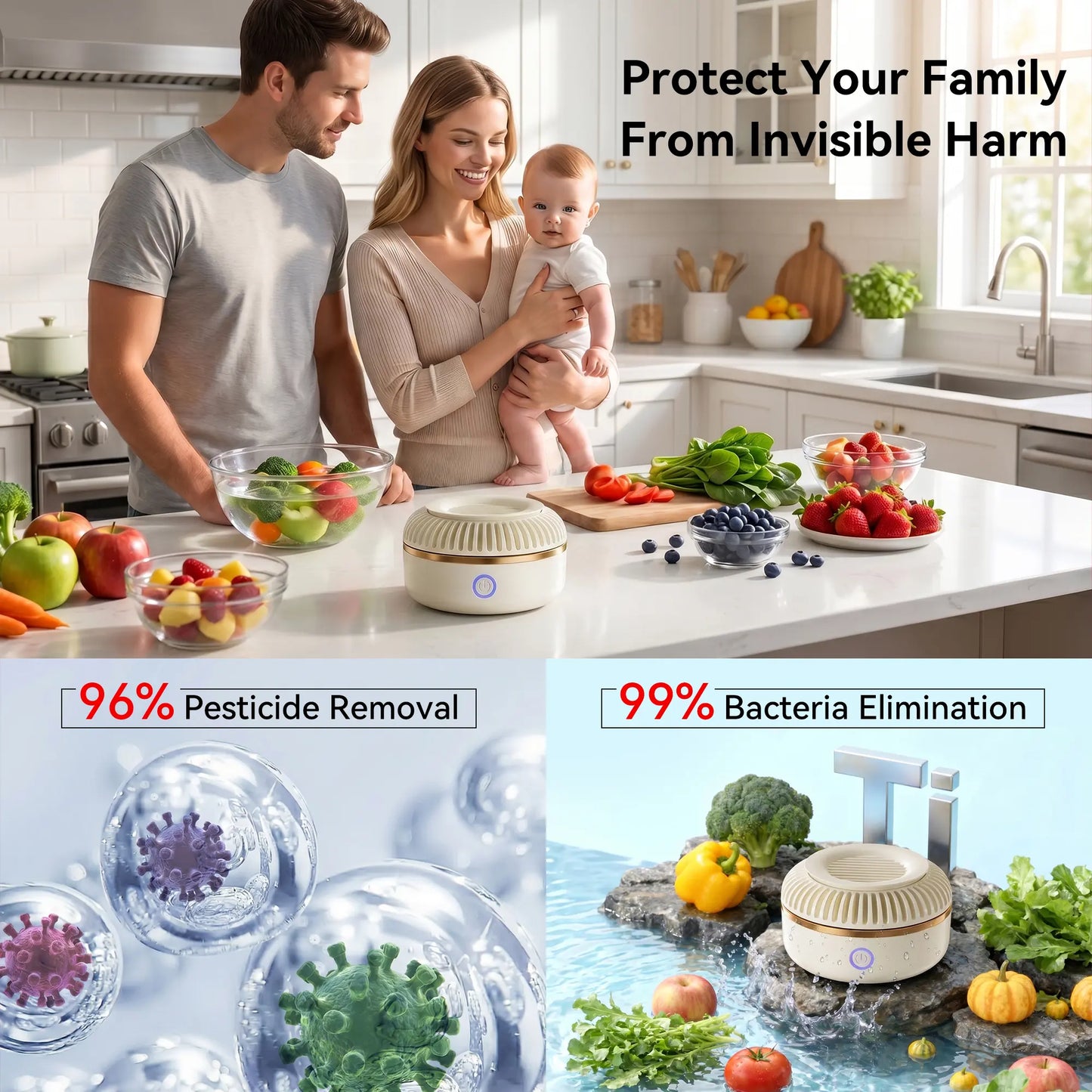 Portable Hydroxyl Ion Fruit & Vegetable Washer – 4-Minute Deep Cleaning Purifier for Produce, Meat & Seafood