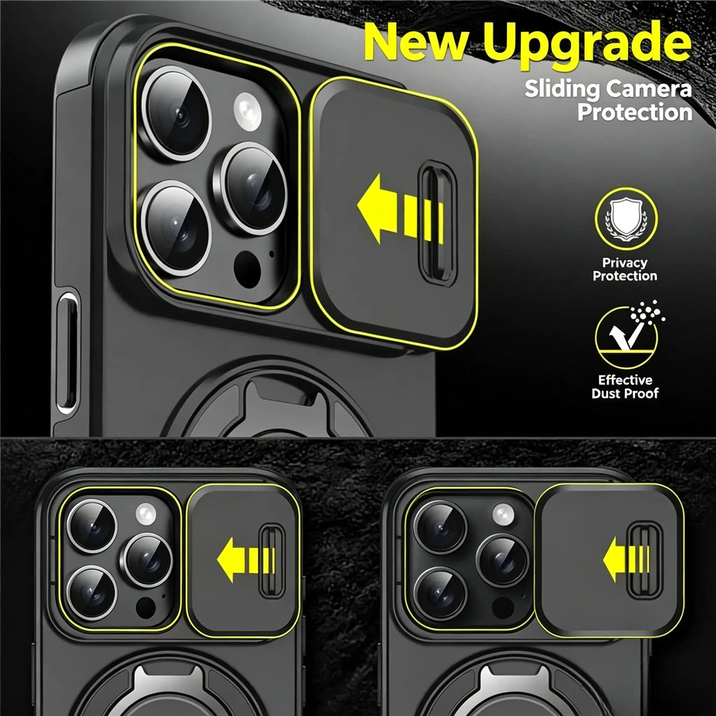 Military-Grade Magnetic Protective Case with Sliding Camera Cover & 360° Rotatable Ring Stand for iPhone 17 Pro Max