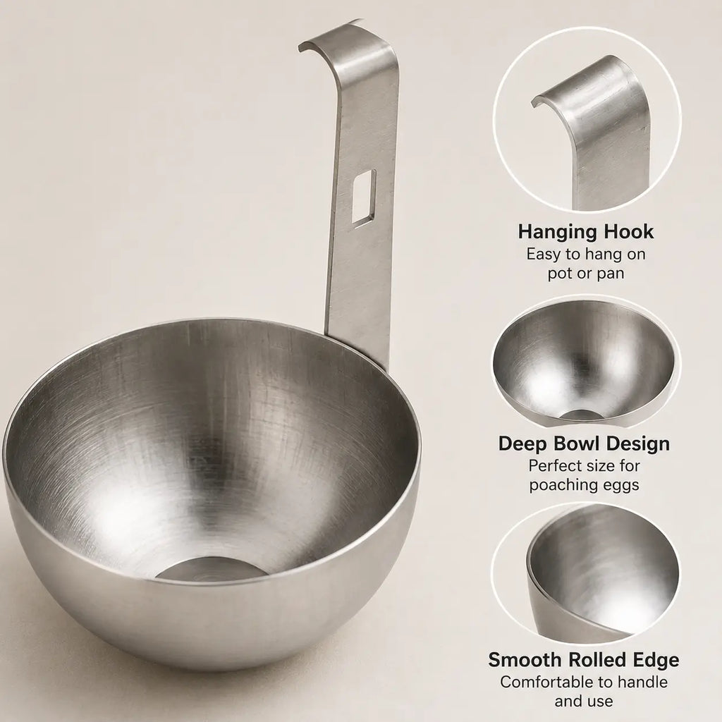 Hervidor de huevos de acero inoxidable con gancho para colgar, diseño de cuenco hondo para huevos escalfados y al vapor