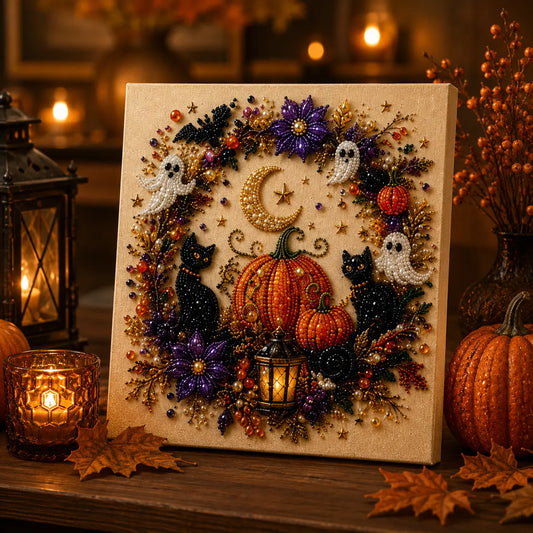 Halloween 5D Diamond Painting Kit with Tools, DIY Gem Art Canvas for Adults & Teens, Pumpkin Ghost Witch Cat Wall Decor Craft