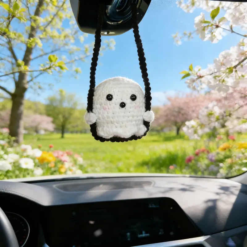 Crochet Ghost & Pumpkin Rear View Mirror Hanging Car Charm Handmade Cute Spring Summer Cozy Season Road Trip Ornament Amigurumi