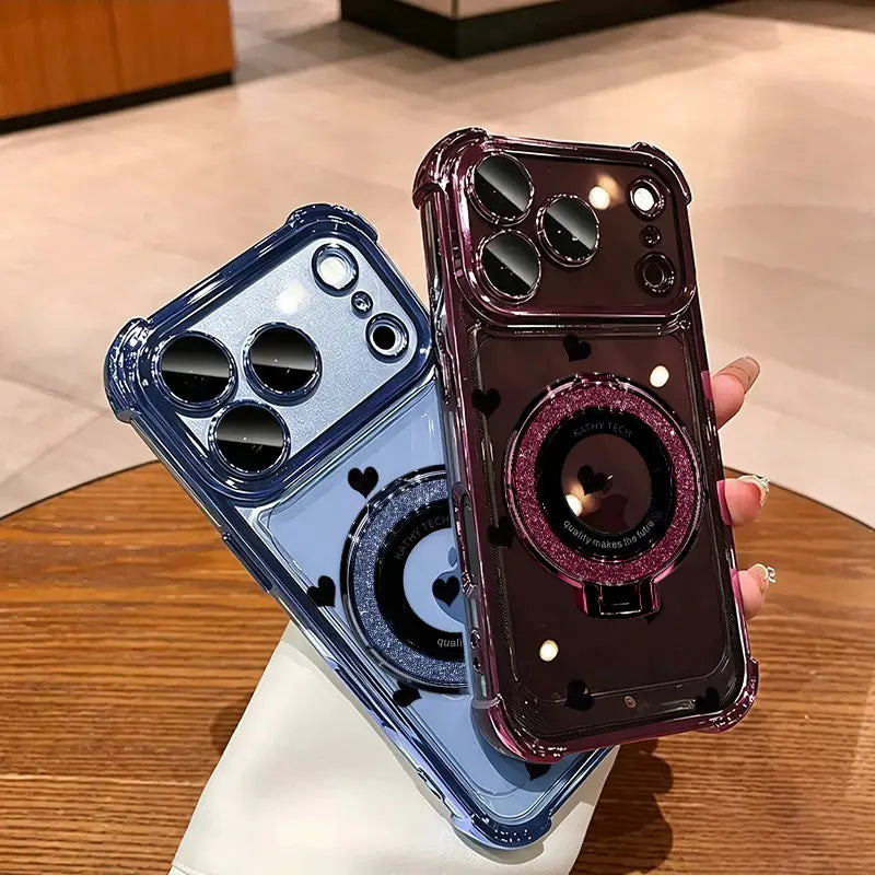 Cute Heart Clear Electroplated Shockproof Case with Glitter Ring Stand for iPhone 18 Pro Max & Samsung Galaxy S26 Ultra