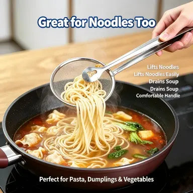 2-in-1 Stainless Steel Strainer Tongs – Fine Mesh Skimmer Spoon Clip for Frying & Hot Pot