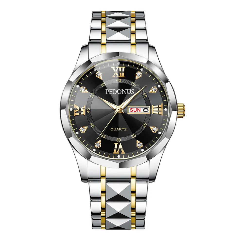 Men's Business Luminous Quartz Watch – Stainless Steel Gold-Accent Band & Blue Day/Date Dial