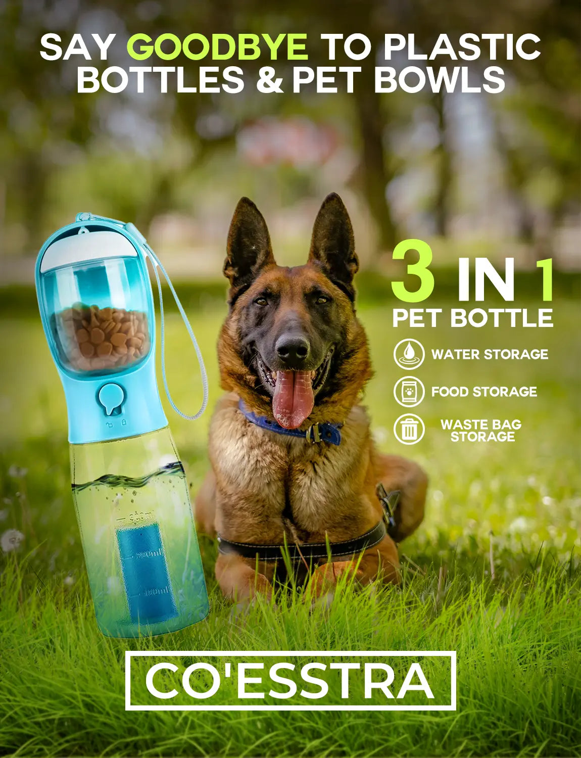 3in1 Pet Water Bottle - Portable 20oz Leak Proof Container with Poop Bag Dispenser, Ideal for Travel, Hiking, and Outdoor Use
