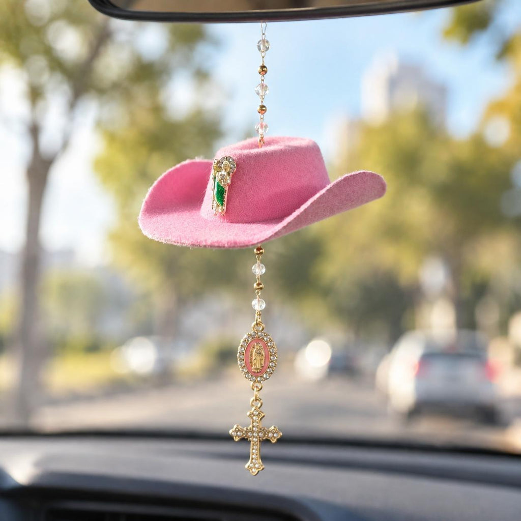 Handmade St. Jude Black Sombrero Car Blessing Charm – Faith Protection Rearview Mirror Ornament