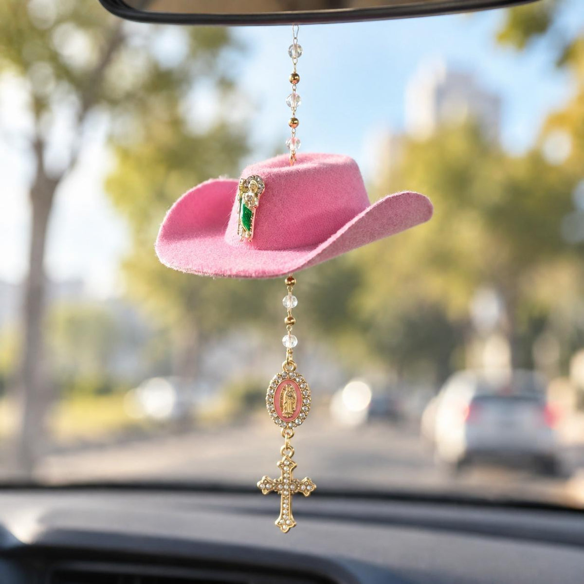 Handmade St. Jude Black Sombrero Car Blessing Charm – Faith Protection Rearview Mirror Ornament