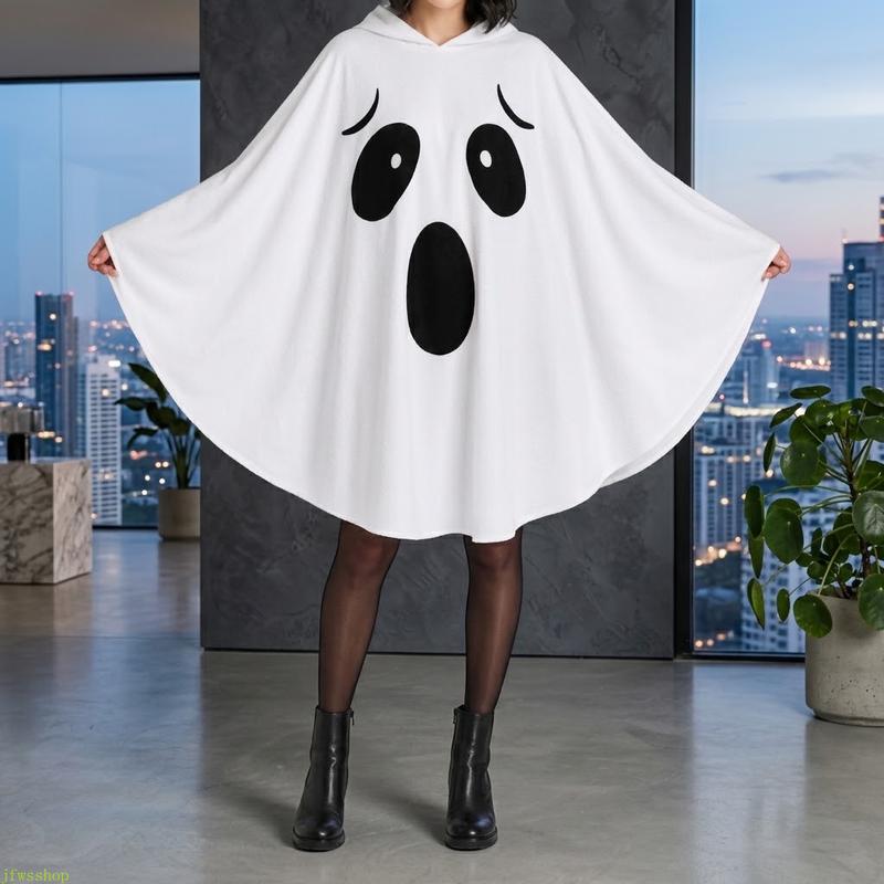 Adult White Hooded Ghost Cape – Soft Loose-Fit Halloween Poncho Costume
