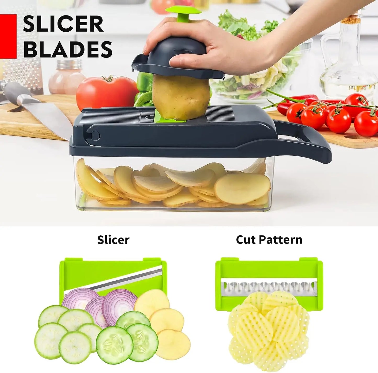 Multifunctional 14 /16 in 1 Food Chopper, Kitchen Vegetable Slicer Dicer Cutter With 8 Blades, Onion Chopper With Container Stainless Steel Utensils