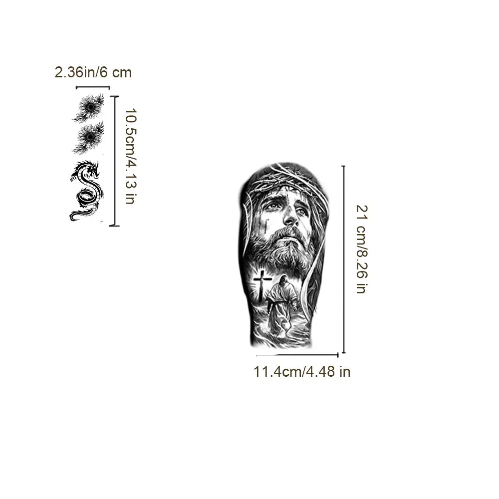 36 large half-sleeve temporary tattoo stickers, unisex, suitable for the forearm, featuring tribal, wolf, tiger, lion, owl, and skull designs; Halloween temporary tattoos; adult-sized; realistic black designs including flowers, roses, and animals