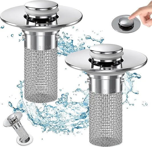 KKC 2/1 pcs Pop-Up Bathroom Sink Drain Strainer, Stainless Steel Hair Catcher Basket with Brass Drain Plug, Universal Fit for US Bathroom Sinks, Bathtubs, Showers & Floor Drains