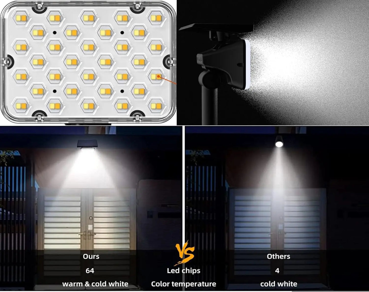 2-Pack Solar Spotlights with 64 LEDs, IP65 Waterproof Outdoor Landscape Lights, 2-in-1 Wireless Solar Wall Lights for Garden and Driveway, Cool White & Warm White, 4 Modes