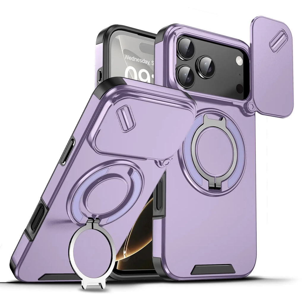 Military-Grade Magnetic Protective Case with Sliding Camera Cover & 360° Rotatable Ring Stand for iPhone 17 Pro Max
