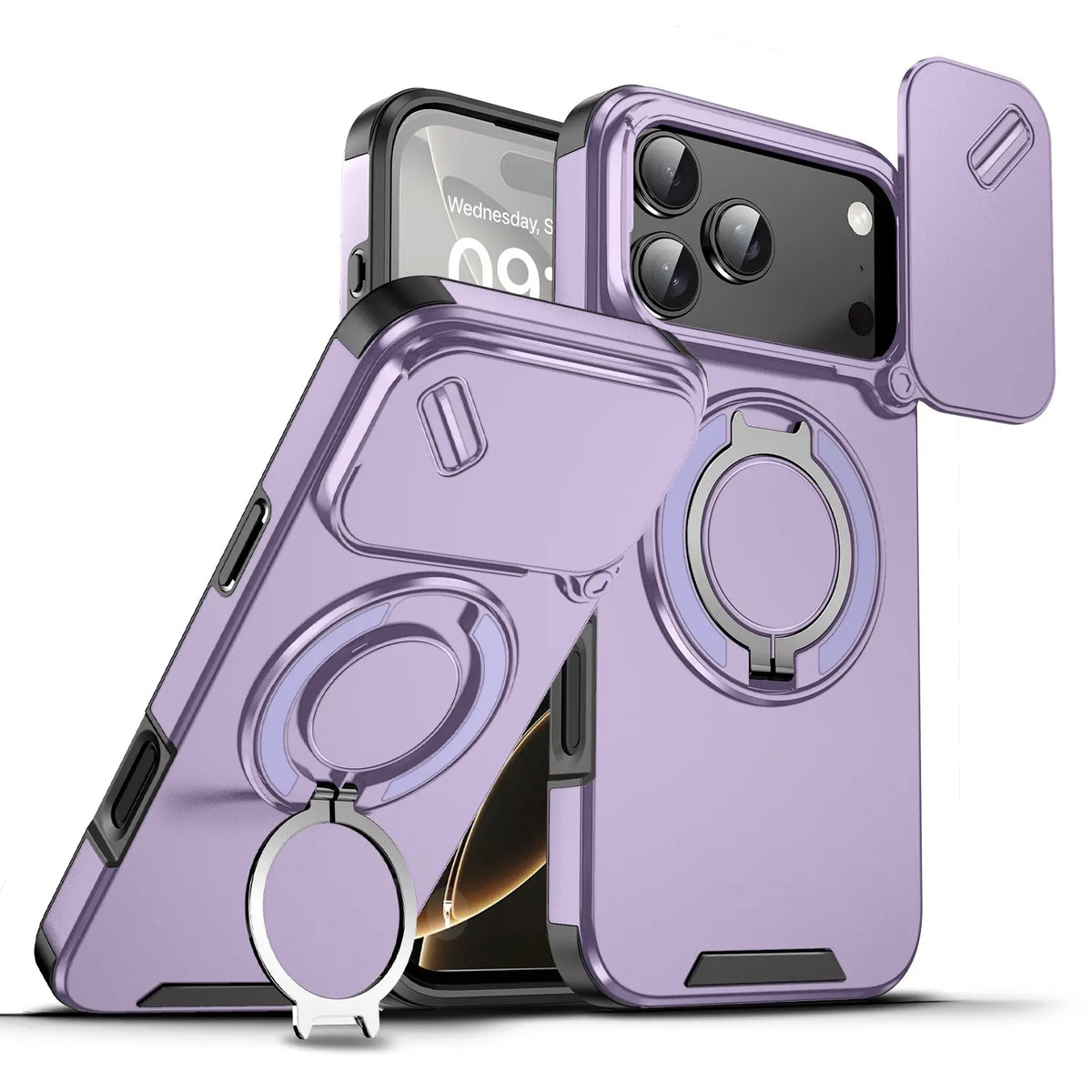 Military-Grade Magnetic Protective Case with Sliding Camera Cover & 360° Rotatable Ring Stand for iPhone 17 Pro Max