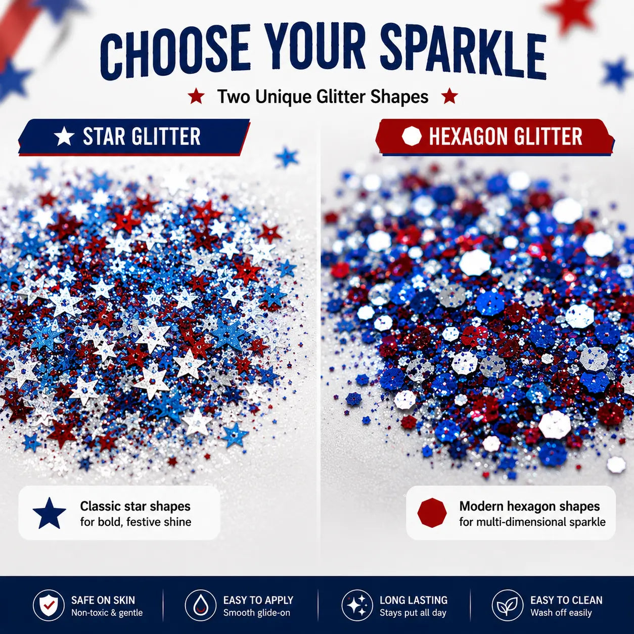 4th of July Independence Day Glitter Stick (Red, White & Blue for Party & Festival Look)