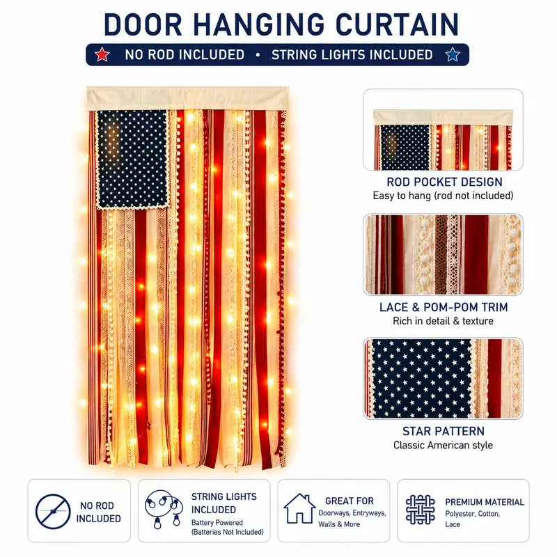 Lighted American Rag Flag Banner With LED Fairy Lights, 4x2.3 Ft Rustic Patriotic Tassel Garland For 4th Of July Decoration, Aesthetic Americana Wall Hanging For Porch Yard Party, Independence Day Celebration Home Decor 250th Anniversary