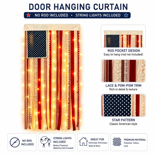 Lighted American Rag Flag Banner With LED Fairy Lights, 4x2.3 Ft Rustic Patriotic Tassel Garland For 4th Of July Decoration, Aesthetic Americana Wall Hanging For Porch Yard Party, Independence Day Celebration Home Decor 250th Anniversary