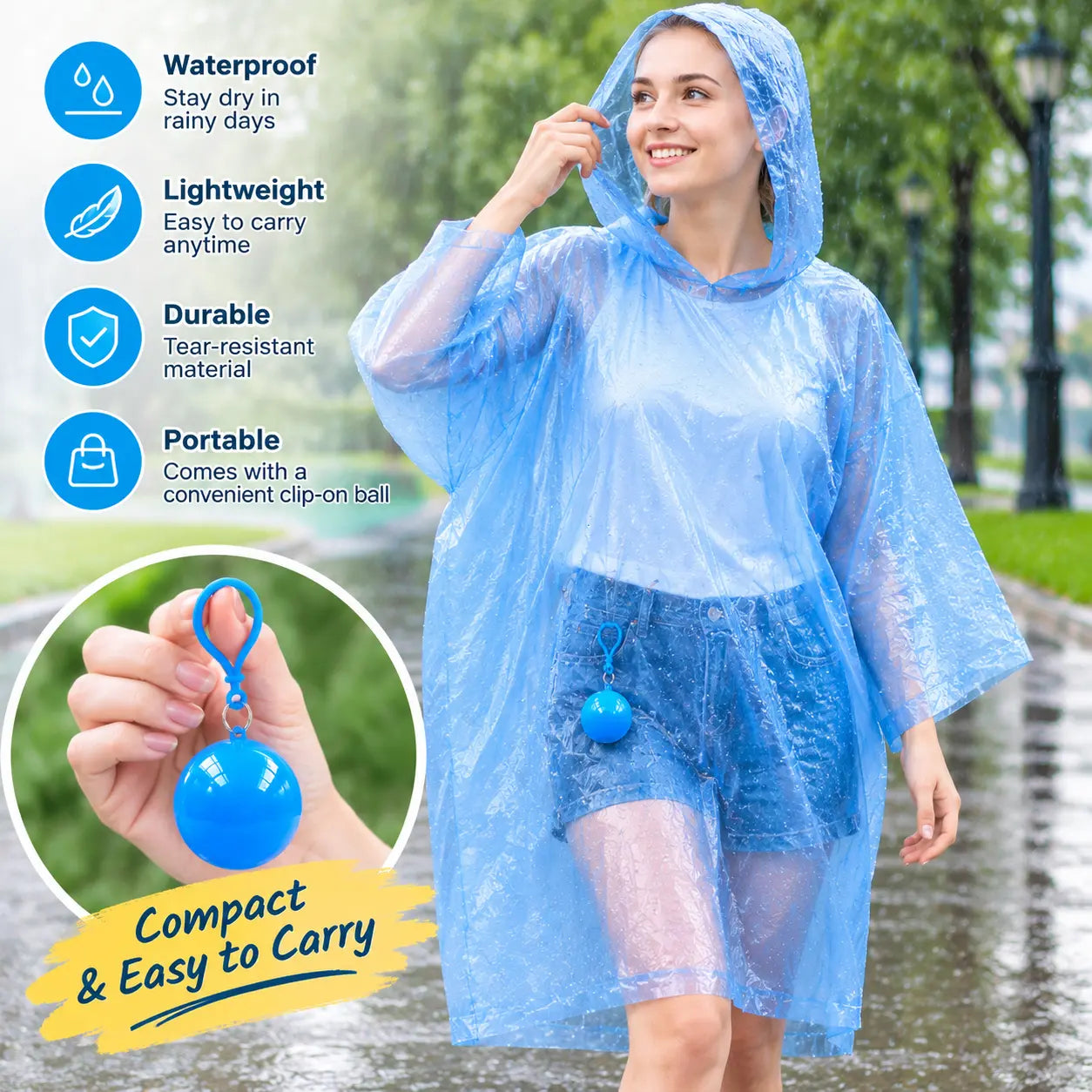 Portable Hooded Disposable Rain Poncho with Keychain Ball – Waterproof & Tear-Resistant