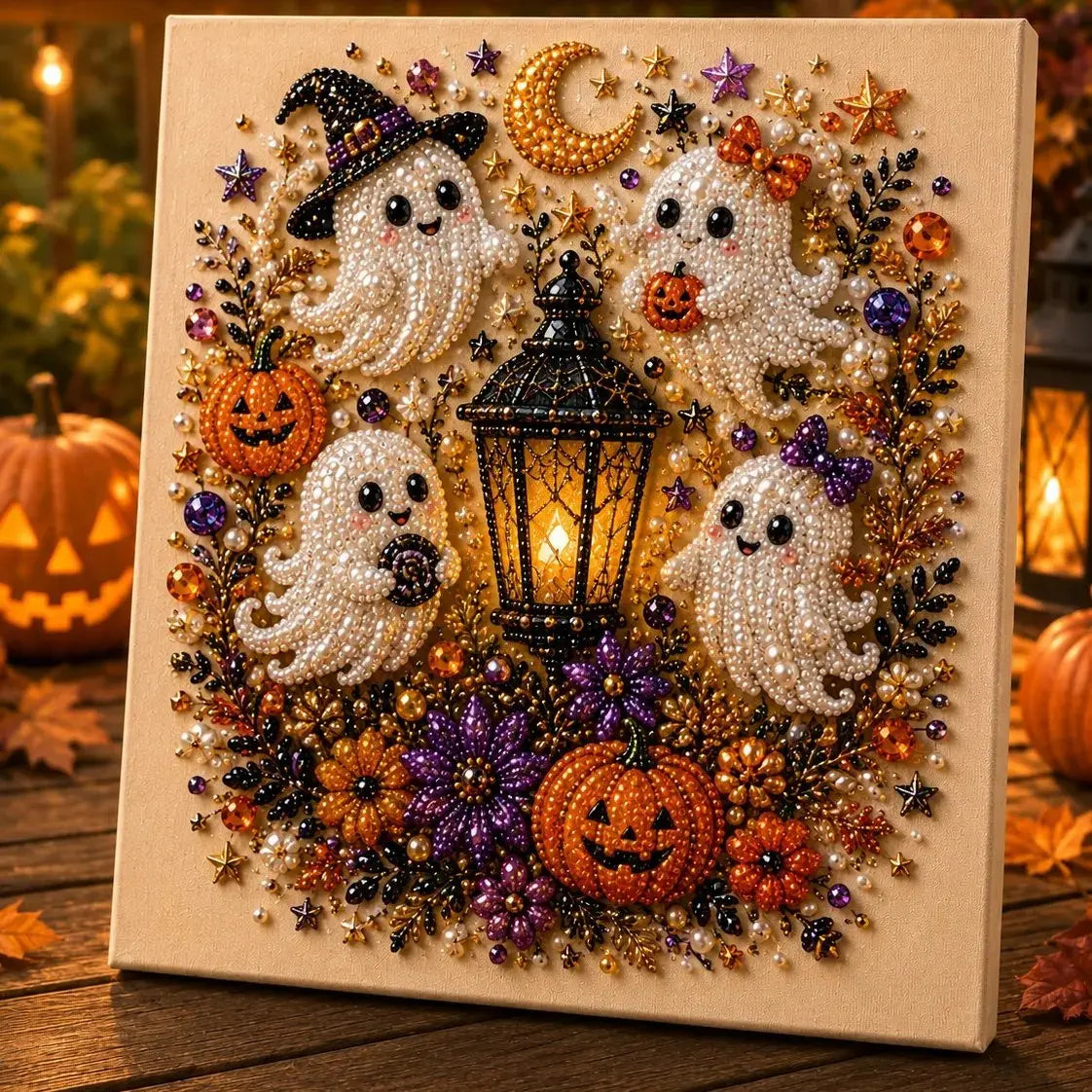 Kit de arte DIY de fantasmas de Halloween con perlas – Regalo de manualidades 3D espeluznante y bonito para la decoración del hogar en otoño