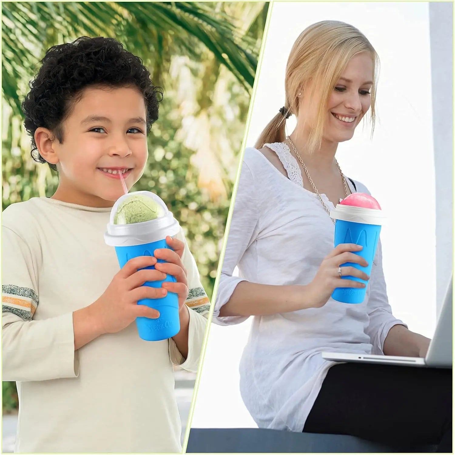 Slushy Cup, Freeze, Squeeze and Enjoy! Slushie Magic Cup, Homemade DIY  Gadget with Lid & Straw Spoon  350ML, Washable, BPA free Kitchen Utensils Mug