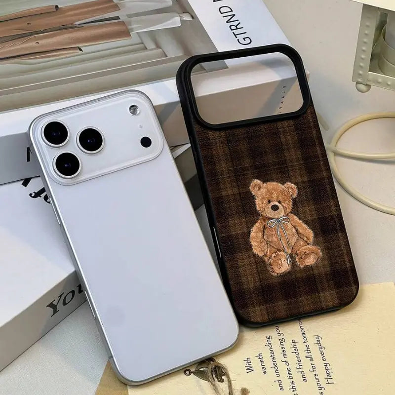 Brown Plaid Teddy Bear Leather Texture Phone Case – Cozy Vintage Shockproof Cover for iPhone 17 Pro Max