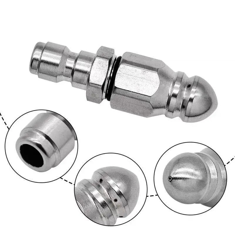 Boquilla para limpieza de desagües de acero inoxidable – Limpiador de desagües de alta presión de 65000 PSI (conexión rápida de 1/4")