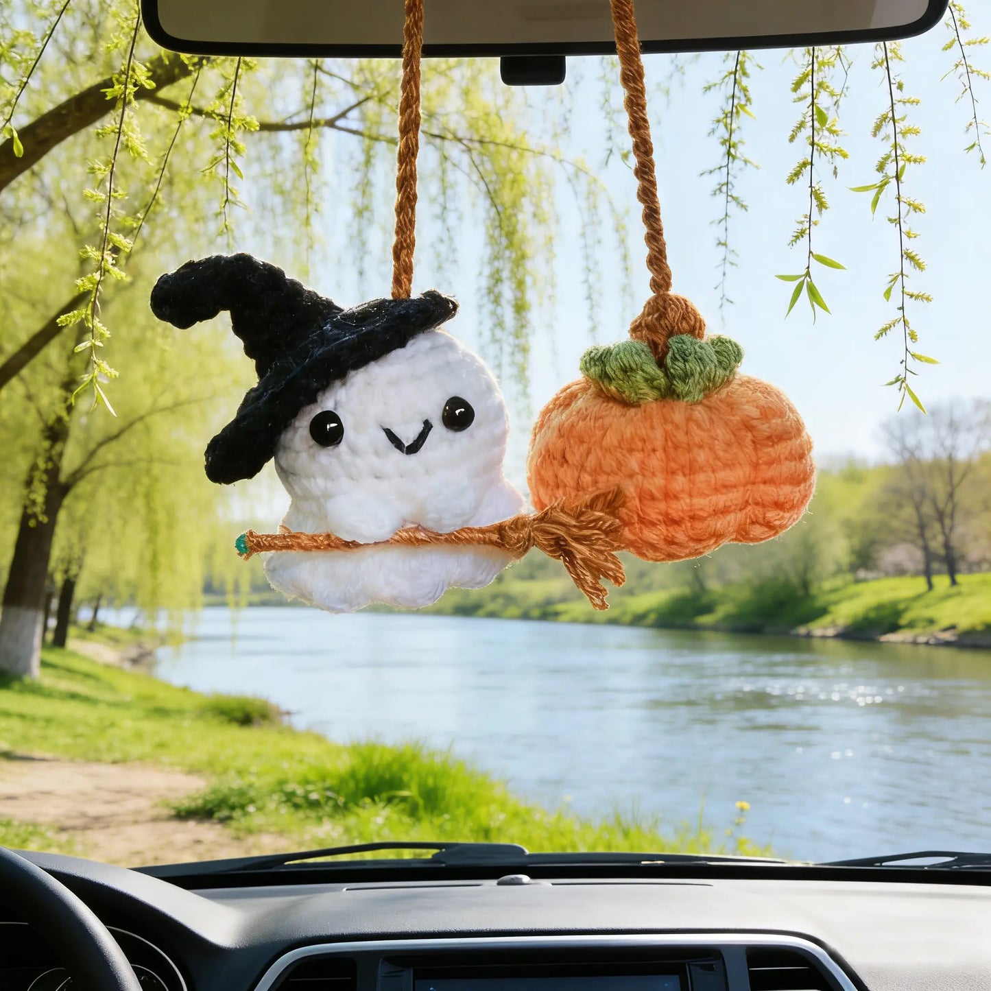 Crochet Ghost & Pumpkin Rear View Mirror Hanging Car Charm Handmade Cute Spring Summer Cozy Season Road Trip Ornament Amigurumi