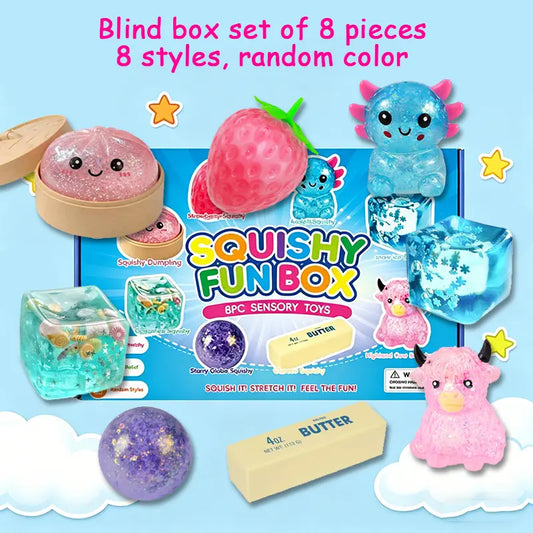 8-Piece Mystery Squishy Fidget Toy Set – Sensory Stress Relief Bundle