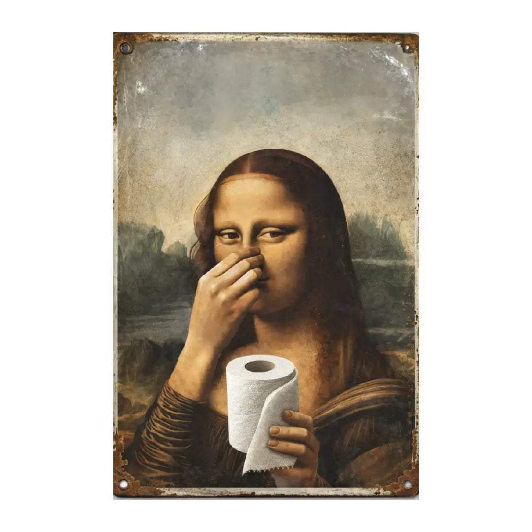 Mona Lisa Bathroom Metal Sign Funny Vintage Toilet Wall Decor Nose Pinching Stink Humor Da Vinci Inspired Rustic Metal Plaque 08*12 inch