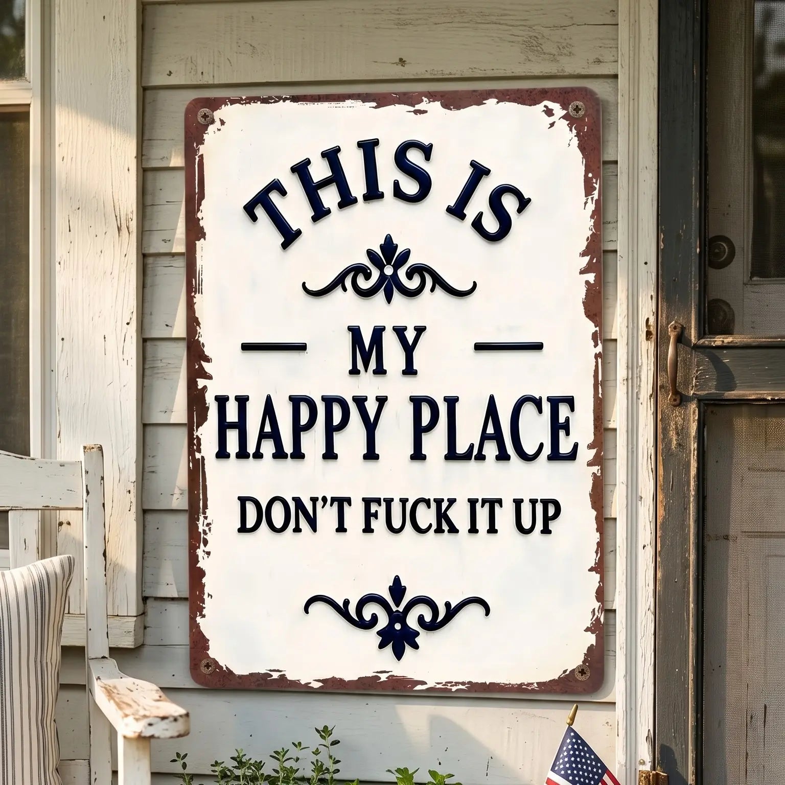 Letrero de metal "My Happy Place Don't Ruin The Fun" - Decoración de pared rústica de aluminio de 8x12 pulgadas